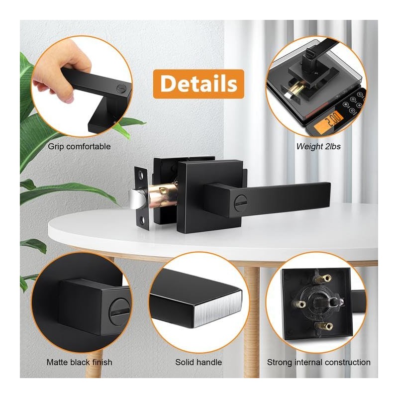 Probrico Heavy Duty Flat Black Square Privacy Interior Door Levers