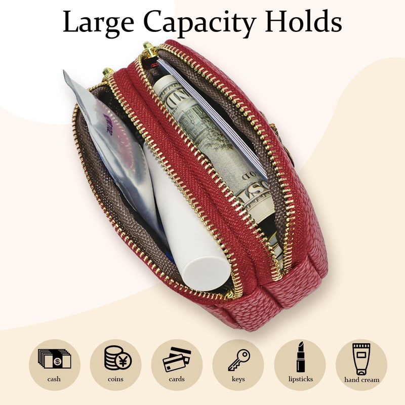 WOZEAH Leather Coin Purse for Women Small 2 Zipper Change