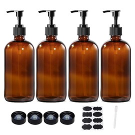 BPFY 4 Pack 16 oz Amber Glass Bottles with Pumps for Shampoo, Essential Oils, Cleaning Products, Lotions, Aromatherapy Oil, Pump Bottles, Refillable Containers with Cap, 8 Chalk Labels, 1 Pen