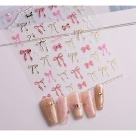 5D Embossed Bow Nail Art Stickers 2Sheets Pink Gold Black Silver White Bow Nail Stickers for Nail Art Ribbon Nail Decals Bowknot Spring Nail Supplies for Women Girls DIY Manicure