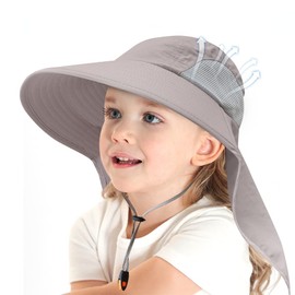 Duwinja Sombrero de Sol para niñas, Gorro de Pesca Protectores de Cuello para niños 3-12 años,【ala Ancha 11cm,UPF 50+, Impermeable,Plegable, Transpirable, Ajustable】para Pesca/Jardín/Playa-Gris Claro