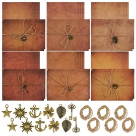 Vintage Stationary Paper and Envelopes Set, 60Pcs Retro Kraft Letter Writing Set Stationary Set- 24 Sheets Antique Letter Writing Paper, 12Kraft Envelopes, 12Retro Accessories, 12Ropes