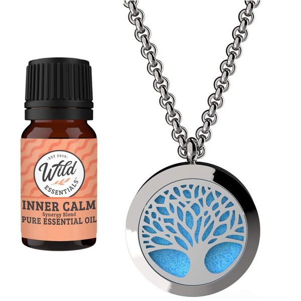 Wild Essentials Tree of Life Essential Oil Diffuser Necklace Gift Set - Includes Aromatherapy Pendant, 24" Stainless Steel Chain, Refill Pads and 1 Bottle of Inner Calm 100% Essential Oil