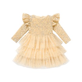 Odizli Children's Baby Girls Autumn Winter Long Sleeve Velvet Glitter Sequins Princess Tulle Dress Christmas Party Dresses, khaki