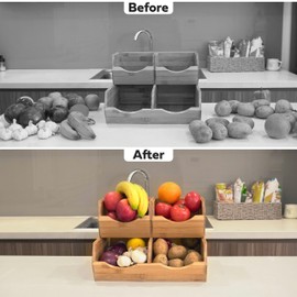 HOMESTEAD Bamboo Pantry Storage Bins - Stackable Baskets, Potato and Onion Storage for Pantry Organization, Set 3 Pieces