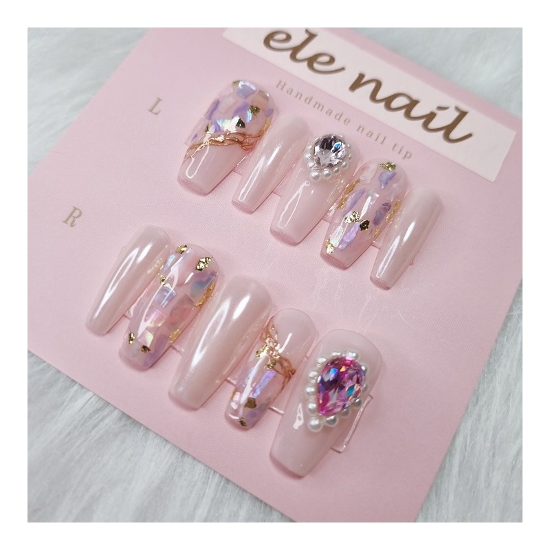 Pink Purple Mother of Pearl Stone Nail - Short Coffin