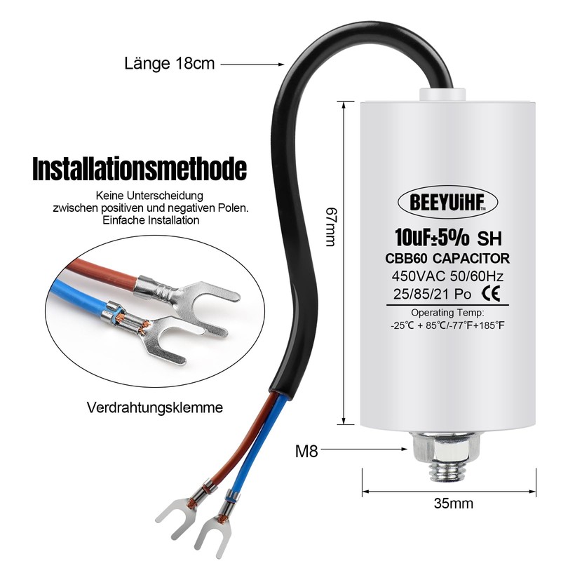 BEEYUIHF CBB60 Motor Capacitor 10µF 450V Capacitor 50/60Hz Starting Capacitor
