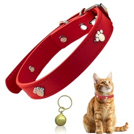 BDEPSTR Leather Cat Collar, Safety Collar for Cats with Elastic Strap, Kitten Band with Bell, for Kittens, Puppies, Dogs, Cats, Pink, L