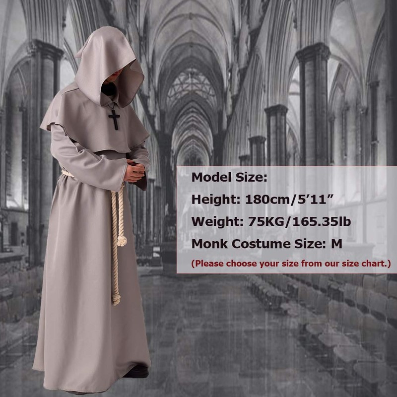 BLESSUME Monk Costume Medieval Robe Priest Hooded Renaissance Friar Cowl