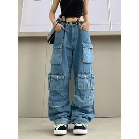 Women's Baggy Cargo Pants Y2K Clothing Multi-Pocket Relaxed Fit Jeans Fairy Grunge Clothes Alt Emo Streetwear (Blue Jeans,S)