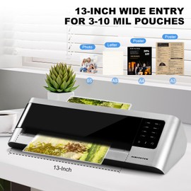 13 Inch Wide Laminator Machine for 3 to 10 Mil Pouches, 800W 4-Roller Commercial and Home Laminating Machine with 30 Pcs 3Mil and 20 Pcs 10Mil Laminating Sheets, Thermal and Cold A3 Laminator
