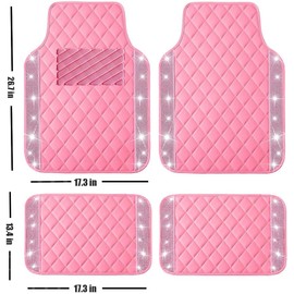 Juego de alfombrillas universales para coche con diamantes, piel sintética con purpurina, color rosa, para todo tipo de clima, impermeables, con diamantes de imitación de cristal, forros y