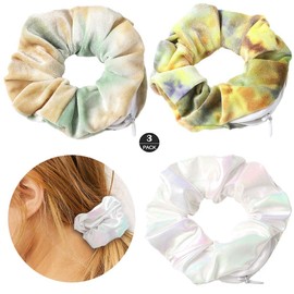 ZOSTLAND Hidden Pocket Premium Velvet Scrunchie with Secret and Hidden Zipper, Soft Hair Ties Bracelet, Key Money Storage Bag Wallet, Elastics Hair Band Accessories Gift for Girl Women (3pcs Tie-dye)