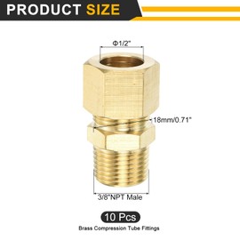sourcing map 3Pcs Brass Compression Tube Fitting, 1/2" Tube OD x 3/8" NPT Male Connector Straight Coupling Adapter Union Fittings