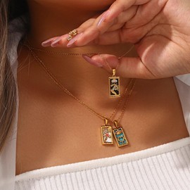 JT2D Colorful Tarot Cards Symbolic Necklaces, Sun and Moon Pendant,18k Gold Plated Stainless Steel Square Colorful Enamel Tarot Cards Pendant Necklace Jewelry for Women Men (The Moon)