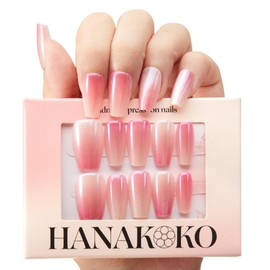 Hanakoko Handmade Press-On Nails, Floral Designs with Glitter and Pearls, Coffin Shape Press-on Nails Reusable 10 Pcs (Pink Chrome, S)