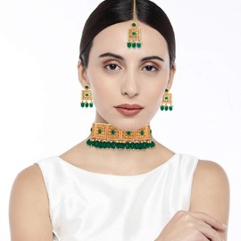 Aheli Traditional Ethnic Kundan Pearls Green Bridal Choker Necklace Earring Maang Tikka Indian Bollywood Jewelry Set Gift for Women