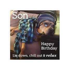 Paper Rose Photographic 'Son' Birthday Greeting Card - from The Funny Animals Range - Dog in Glasses, Shirt and Headphones Listening to Music - for Him