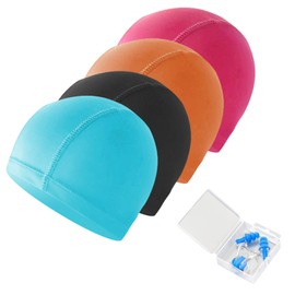 TSHAOUN 4 Pieces Swim Caps,Come with Nose Clip and Ear Plugs,Elastic Swim Caps Comfortable Fabric Swimming Hat Lightweight Bathing Caps,Colored Swim Hat for Women Men While Swimming (4 PCS)