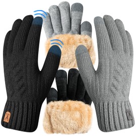 TirEurt Winter Thermal Gloves, 2 Set Touch Screen Fleece Lining Warm Gloves, Non-slip Grip Elastic Warm Knit Mens Womens Gloves for Skiing Riding Running Cycling Camping Hiking, Grey and Black