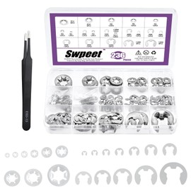 Swpeet 236 Pieces 304 Stainless Steel E-Clip and Inner Tooth Locking Washers with Tweezers Assortment Kit, Spring Push On Locking Nuts Speed Clips Snap Ring E-Ring Circlips for Transmission