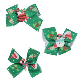 3 Pack Green Hair Bows - Christmas Bow with Silicone Charms - Snowman, Stocking, Candy Cane