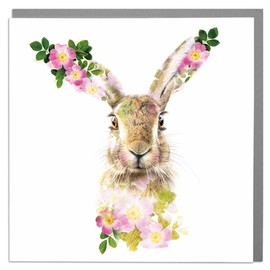 Lola Design - Wildlife Botanical Greeting Cards, Hare with Pink Flowers - Suitable for Birthdays, Congratulations or Any Special Occasions - Blank Inside with Grey Envelope - 150mm x 150mm