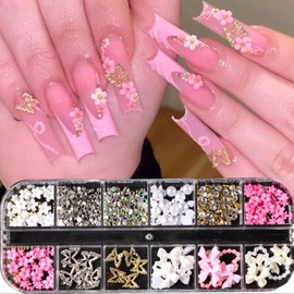 12 Grids 3D Nail Charms and Flatback Pearls Rhinestones Set White Pink Bow Flowers Heart Pearls Charms for Acrylic Nails Gold Silver Butterfly Nail Jewels Gem for Women DIY Manicure Decorations