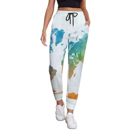 World Map in Watercolor Painting Abstract Splatters Women's Sweatpants, Activewear Sport Pants, Drawstring Elastic Waist with Pockets Lounge Pants for Women Home Yoga Gym (M)