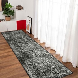 vivorug Black Runner Rug 2x10 Machine Washable Rug with Non-Slip Backing, Ideal for Kitchen Hallway Entryway Laundry Room - Vintage, Durable, Easy Clean, Low Pile Carpet Runner