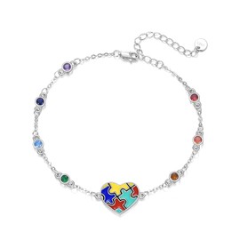 AXOMY Autism Awareness Bracelet 925 Sterling Silver 7 Chakra Puzzle Piece Heart Shape Bracelet ASD Autism Jewelry Gifts for Women