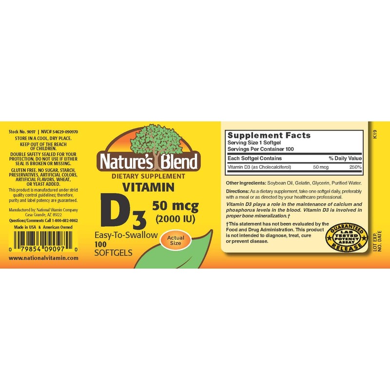 Nature's Blend Vitamin D3 50 MCG (2000 IU) Easy-to-Swallow, 100