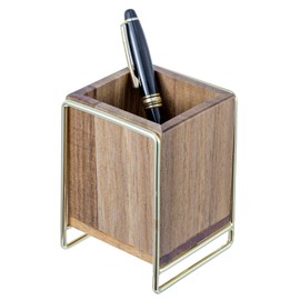 MyGift 3 Inch Modern Premium Solid Acacia Wood and Brass Tone Metal Wire Desktop Pencil Cup, Wooden Tabletop Pen Holder, Office Desk Stationery Organizer