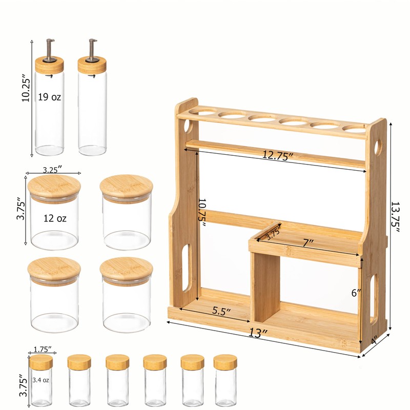 Basicwise 3-Tier Bamboo Spice Rack with 6 Spice Shaker Bottles,