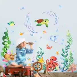 Supzone Wall Tattoo Underwater Wall Sticker Sea Turtle Octopus Seagrass Wall Sticker Nursery Baby Room Bathroom Wall Decoration