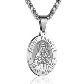 P. BLAKE Stainless Steel St Saint Francis of Assisi Medal Necklace for Men Women, Oval Catholic Patron Pendant Medallion Chain