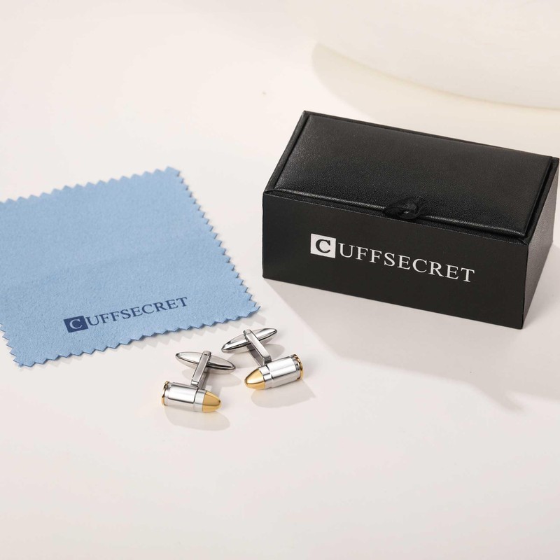 3D Bullet-Shaped Cufflinks,Stainless Steel with Gold Accents (Cufflinks Box Included)