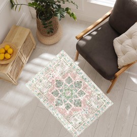 Vhong Boho Area Rugs Vintage Washable Neutral Modern Dusty Pink and Green 2x3 Non Slip Small Carpet for Hallway Bathroom Entryway Girls' Room