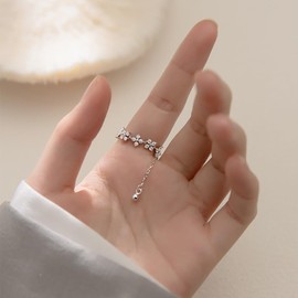 IMINI Dainty Flower Finger Rings Sterling Silver 925 for Women Girls Cute Cubic Zirconia Crystal Adjustable Threader Tassel Chain Ball Statement Stacking Ring Tail Band Jewelry Gifts BFF