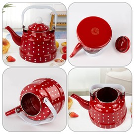 DOITOOL Enamel Teapot Stovetop Tea Kettle Polka Dot Handmade Ceramic Tea Pot Coffee Pot Water Pot Vintage Drink Pitcher for Camping Home Kitchen Restaurant 1.1L Red