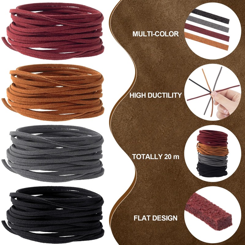 Pndeyo 4pcs Suede Leather Cord, 3mm x 5.5 Yard Faux