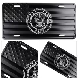 DillenCo Navy American Flag License Plate Tag Embossed Stars & Stripes & Laser Navy Logo.