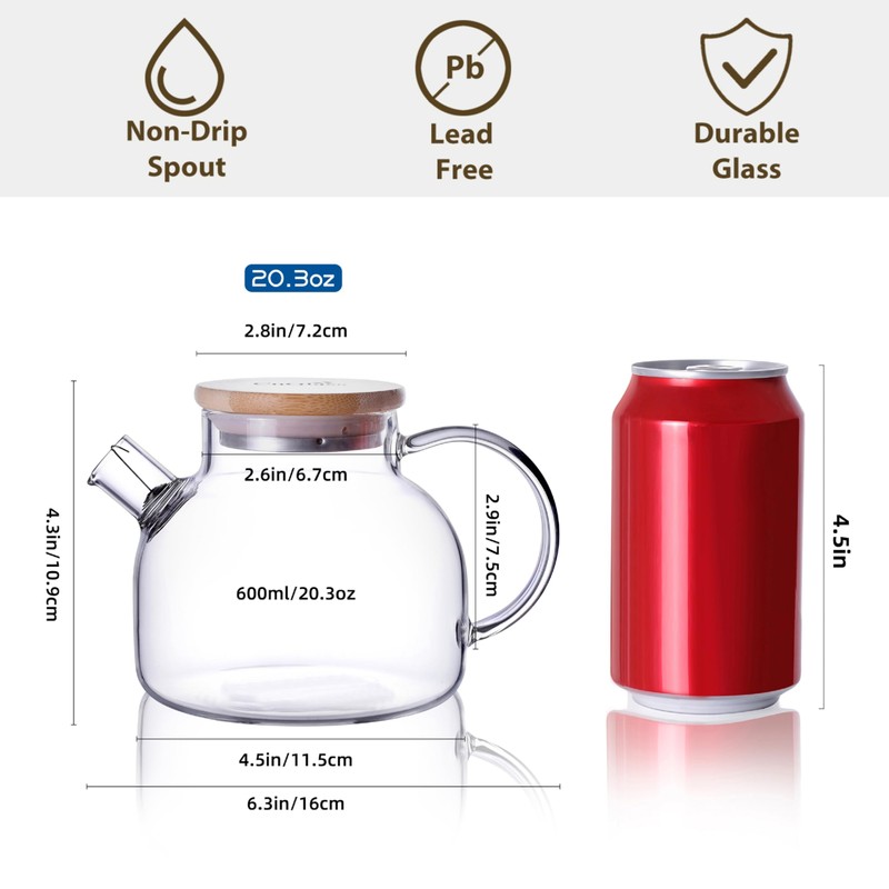 CnGlass Glass Teapot Stovetop Safe,20.3 oz Clear Tea pot with