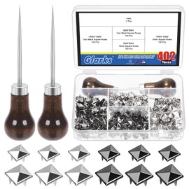 Glarks 402Pcs 10mm 8mm Square Rivets Set Gun Black and Sliver Four-Jaw Rivets Square Pyramid Studs with 2Pcs Straight Tipped Scratch Awl for Handicraft DIY Punk Spikes Spots Studs Accessories