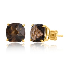 MAX + STONE 14k Yellow Gold 8mm Cushion Cut November Birthstone Smoky Quartz Stud Earrings for Women