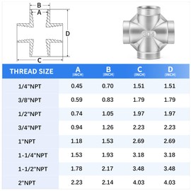 ChillWaves 304 Stainless Steel Pipe Fitting, 4 Way Cross 1/2" x 1/2" x 1/2" x 1/2" NPT Female Thread Adapter(2-PACK)