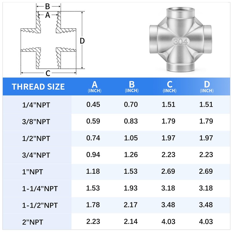 ChillWaves 304 Stainless Steel Pipe Fitting, 4 Way Cross 1/2"