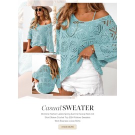 Dokotoo - Suéter de manga 3/4 para mujer, diseño de ganchillo para primavera y verano, 2025, Azul/claro, Small