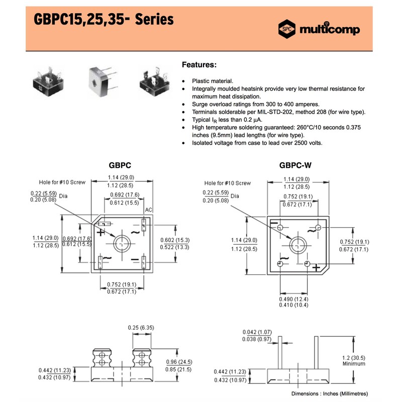 (Pair) GBPC3504 - Bridge Rectifier Diode, Single, 400V, 35A, Module,