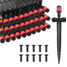 Kalolary 30 Pcs Drip Irrigation Emitters with Stake, Push-to-Fit Adjustable Irrigation Dripper for 1/4 inch Irrigation Tubing, Irrigation Dripper Sprinkler for Drip Irrigation System (Vortex, Red)